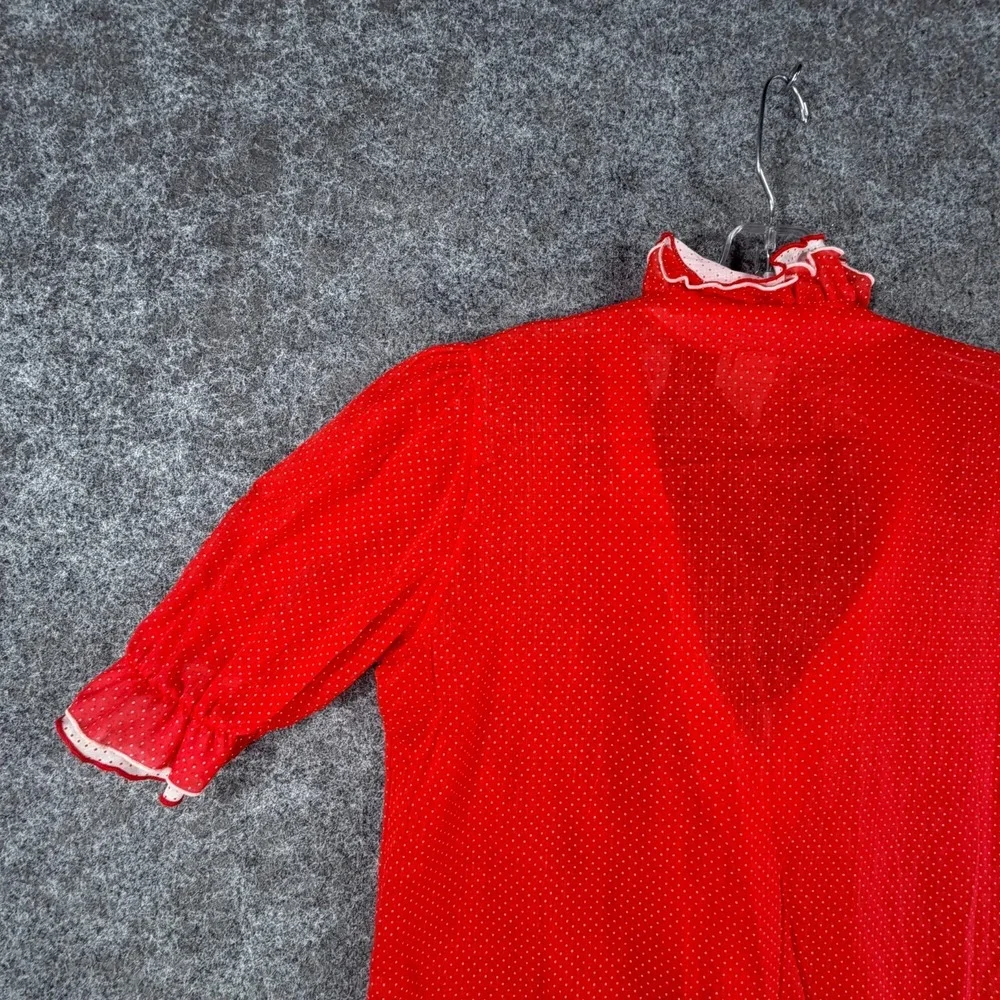 Rhoda Lee Blouse Top Women Small Red Polka Dot Ruffle Neck Button Front Cocktail